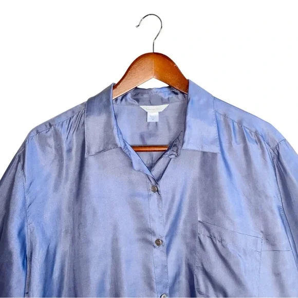 Garnet Hill Long Sleeve Button Front Satin Silk Periwinkle Blue Shirt Blouse - Picture 4 of 7